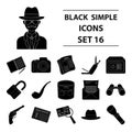 Pistol, tube, identification, magnifier and other attributes. Detective set collection icons in black style vector