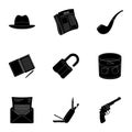 Pistol, tube, identification, magnifier and other attributes. Detective set collection icons in black style vector