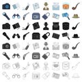 Pistol, tube, identification, magnifier and other attributes. Detective set collection icons in cartoon style vector