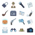 Pistol, tube, identification, magnifier and other attributes. Detective set collection icons in cartoon style vector