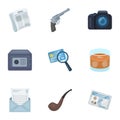 Pistol, tube, identification, magnifier and other attributes. Detective set collection icons in cartoon style vector