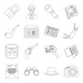 Pistol, tube, identification, magnifier and other attributes. Detective set collection icons in line style vector symbol