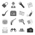 Pistol, tube, identification, magnifier and other attributes. Detective set collection icons in monochrome style vector