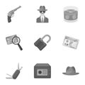 Pistol, tube, identification, magnifier and other attributes. Detective set collection icons in monochrome style vector
