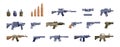 Pistol weapon. Cartoon bullet barrel gun classic revolver tactical shotgun, battle firearm with military accessories