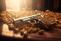 Pistol weapon laying on gold pieces. Generate ai