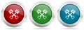 Pistons vector icon set. Red, blue and green silver metallic web buttons with chrome border