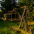 Pistyn village Ukraine October 10, 2020: Basket of handicraft mechanism with a rope for crossing a mountain river, crossing for a Royalty Free Stock Photo