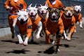 Pit bull dogs in an orange prisoner costume