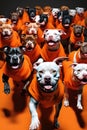 Pit bull dogs in an orange prisoner costume