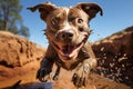 pit bull jumps in the swamp, the moment of the jump in flight. Royalty Free Stock Photo