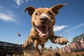 pit bull jumps in the swamp, the moment of the jump in flight. Royalty Free Stock Photo