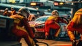 A pit crew works quickly to change a tire on a race car during a pit stop Royalty Free Stock Photo