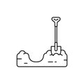 Pit dug in ground with shovel. Soil preparation for planting. Line art icon of piece of land with trench. Black illustration of