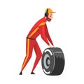 Pit Stop Crew Member in Uniform with Tire Wheel, Maintenance of Racing Car, Professional Mechanic Cartoon Character