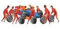 Pit Stop Crew Members in Red Uniform Changing Tire Wheels Cartoon Vector Illustration