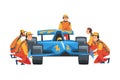 Pit Stop Crew Members in Uniform Changing Tire Wheels, Maintenance of Racing Car, Professional Mechanics Cartoon