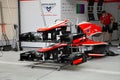 Pit stop garage of Marussia Cosworth team Royalty Free Stock Photo