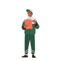 Pit stop worker cartoon character in green team uniform making notes in clipboard isolated on white