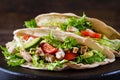 Pita bread sandwiches with grilled chicken meat, avocado, tomato, cucumber Royalty Free Stock Photo