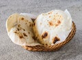 Pita bread or Tandoori roti served in basket isolated on background top view of middle east and indian food