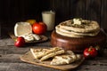 Pita bread on wooden board with feta cheese and tomatoes and pepper. Still life of food. Georgian cuisine. Spanish food. National Royalty Free Stock Photo