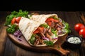 Pita wrapped Greek gyros on a dark wooden background with copy space
