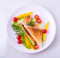 Pita wrapped in a triangle of pita bread on a plate on a white background, with cottage cheese, greens, tomatoes, breakfast and Royalty Free Stock Photo