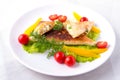 Pita wrapped in a triangle of pita bread on a plate on a white background, with cottage cheese, greens, tomatoes, breakfast and Royalty Free Stock Photo