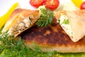 Pita wrapped in a triangle of pita bread on a plate on a white background, with cottage cheese, greens, tomatoes, breakfast and Royalty Free Stock Photo