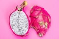 Pitahaya or Dragon Fruit Cut in Half on Pink Pastel Background. Flat Lay. Healthy Exotic Fruits