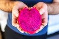 Pitahaya dragon fruit in male hands. Multiple red dragon fruit Tropical fruit red pitahaya Royalty Free Stock Photo