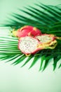 Pitahaya or dragon fruit over tropical green palm leaves on turquoise background. Copy space. Pop art design, creative