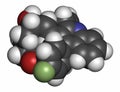 Pitavastatin hypercholesterolemia drug molecule. Atoms are represented as spheres with conventional color coding: hydrogen (white