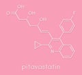 Pitavastatin hypercholesterolemia drug molecule. Skeletal formula.