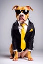 Pitbull dog in a black suit and sunglasses on a white background Royalty Free Stock Photo