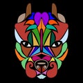 Pitbull. Patterned colored head dog. African, Indian, totem, tattoo. For design of a T-shirt, a bag, a poster, clothes and a logo.