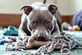Pitbull puppy playing with a bone. Selective focus. Royalty Free Stock Photo
