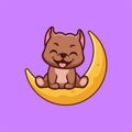 Pitbull Sitting On Moon Cute Creative Kawaii Cartoon Mascot Logo