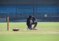 Pitch curator removing extra grass from wicket. Royalty Free Stock Photo