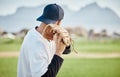 Pitcher, back view or baseball player training for a sports game on outdoor field stadium. Fitness, young softball Royalty Free Stock Photo