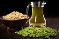 pitcher of beer beside mound of edamame snack