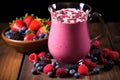 a pitcher of frothy berry smoothie surrounded by scattered berries on a wooden surface