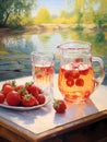 Pitcher And Glass Of Fruit Next To A Plate Of Strawberries