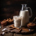 Pitcher of horchata with cinnamon sticks and ice cubes on a wooden table