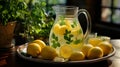 A pitcher of lemonade with lemons and mint close-up. Generative AI.
