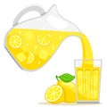 Pitcher lemonade is pouring into a glass, lemon slices, ice Royalty Free Stock Photo