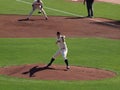 Pitcher Matt Cain steps forward to throw pitch with shadow casting below him