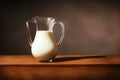 A Pitcher Of Milk Sitting On Top Of A Wooden Table. Generative AI