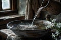 Pitcher pouring water into basin with linen cloth Royalty Free Stock Photo